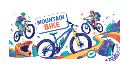 Fototapeta premium Mountain Biking wide panoramic website header banner with 2 expressive stylized riders jumping beside oversized mountain bike and giant trail ribbon stretching edge to edge, with helmet, water bottle,