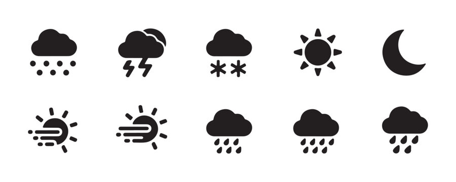 Set of ten diverse weather icons featuring rain snow sun moon and storm elements on transparent.