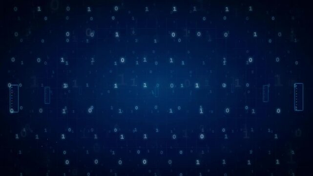 Abstract digital background with flowing binary code numbers on a dark blue technological space