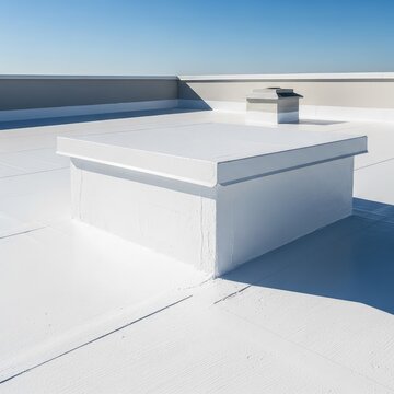 Vista detallada de una azotea plana protegida con una gruesa capa de pintura impermeabilizante blanca para evitar filtraciones y humedad, professional, finish., house