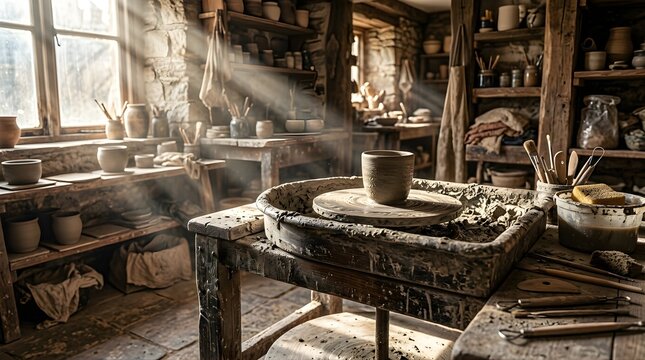 Clay pottery bowl on a wheel inside a rustic sunlit artist studio workshop