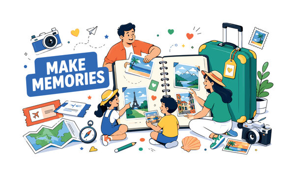 Vacation Memories Together. Editorial banner scene with a family collecting travel memories around an oversized photo album and giant suitcase, vacation keepsake elements reaching all edges, camera,