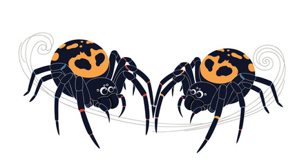Fototapeta premium Two stylized black and orange spiders spinning fine silk threads against a clean white background.