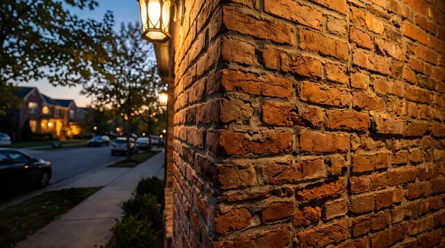 Exterior brick wall corner illuminated by house lantern at twilight