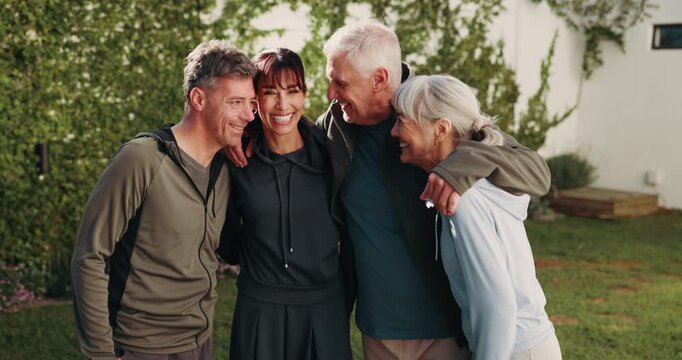 Happy, hug and people outdoor for fitness, exercise and training together for wellbeing. Morning, portrait and couple with senior parents for wellness, health and embrace for bonding in backyard