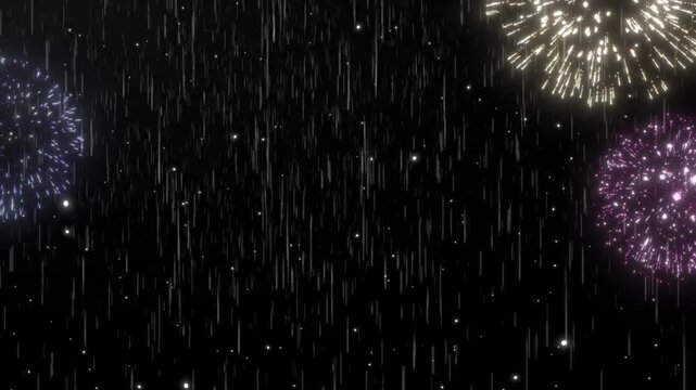 Fireworks explode in brilliant bursts of color amidst a field of falling rain streaks against a deep night sky.