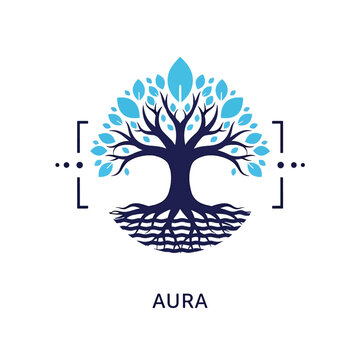 Stylized tree logo design with blue leaves and intricate roots.