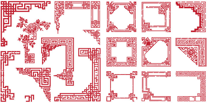 Chinese traditional corner border and square frame vector set, oriental minimalist red line art frames, auspicious Asian pattern geometric ornaments and window lattices illustration.