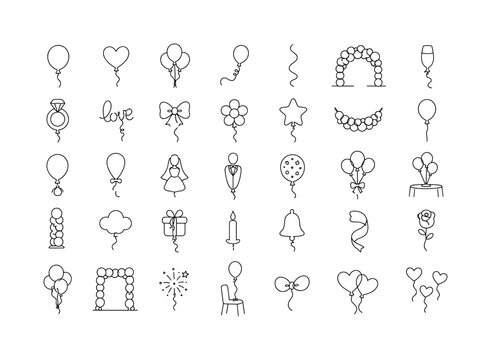 Wedding Balloon Icon Set. Minimalistic set one-line drawing round balloon, heart balloon, balloon bunch, floating balloon, balloon string, wedding arch balloons, champagne balloon, ring balloon, love