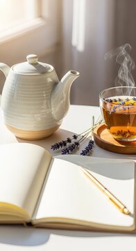 A warm scene featuring a ceramic teapot, a cup of herbal tea, dried lavender sprigs, a blank notebook, and a gold pen in soft morning light, violet, hygge, cup