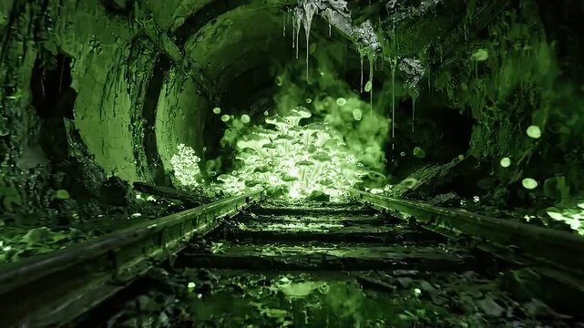 Glowing green mushrooms grow along railway tracks inside dark tunnel, spores and mist drifting through arched cave walls, wet rails leading toward bright fungal light ahead and into darkness