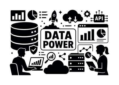 Data Technology Analytics Banner. Data Technology Analytics banner illustration, oversized database and cloud across edges, rocket and API elements scattered, chart blocks filling borders, 2 analyst
