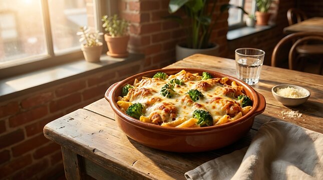 A delicious bowl of chicken broccoli ziti served in a ceramic dish on a rustic wooden table by a sunlit window in a cozy home dining room setting