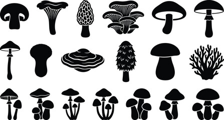 Collection of black silhouette mushroom and on white background, fungi fungus © GR Graphics