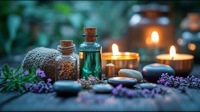 Cozy candlelight surrounds essential oils, stones, and lavender