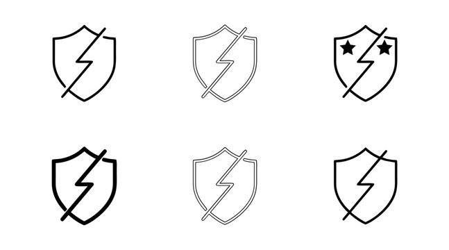 Minimalist lightning bolt shield icon set with star accents isolated on transparent background, Vector