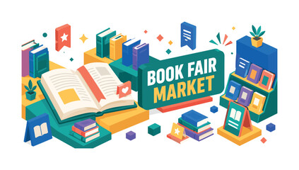 Naklejka premium Book Fair Market , oversized open book with bold geometric depth, stepped shelf platforms, floating bookmark blocks and diagonal display shapes, deep teal and warm yellow with coral accents, isometric
