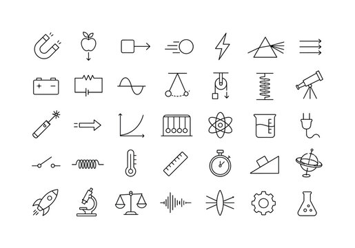 Physics Lesson Icon Set. Minimalistic set one-line drawing magnet, apple gravity, force arrow, moving ball, energy bolt, prism, light ray, battery, circuit board, wave line, pendulum, pulley, spring,