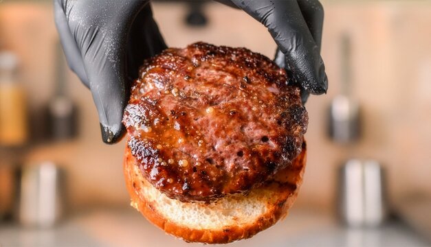 Top-down macro shot of a chef in black gloves placing a juicy, grilled beef patty onto a toasted bun, preparing a gourmet hamburger, shallow depth of field, professional food photography.