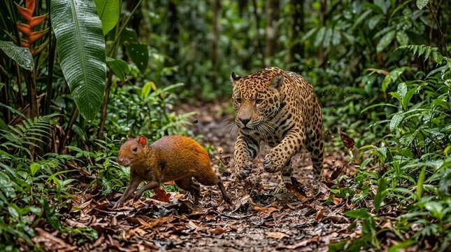 jaguar chasing an agouti along a rainforest trail