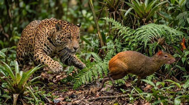 jaguar lunging through ferns after an agouti
