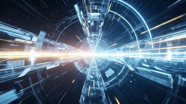 A digital tunnel showing high speed motion through a glowing data network