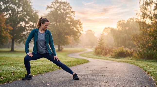 Woman stretching legs on park path during misty autumn sunrise preparing for morning run