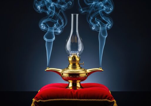 A golden brass antique oil lamp rests upon a plush red velvet cushion as ethereal blue smoke swirls into the dark atmospheric background, polished, magic, folklore