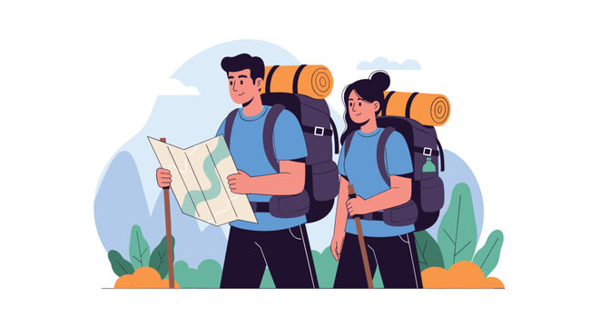 Young adventurous couple with heavy backpacks checking a paper map while hiking together in beautiful mountains.