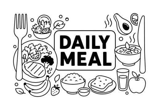 Meal Outline Icons. Meal Outline Icons banner with plate, fork, knife oversized, bold headline text DAILY MEAL in rounded rectangle, white background vector. --negative