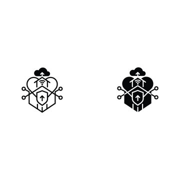 Two heart-shaped logos with cloud and data center icons in black and white, technology