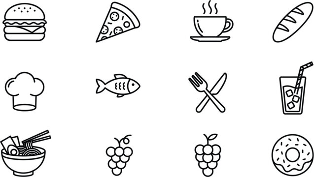 Restaurant food and bakery line icon set containing hamburger pizza coffee bread chef hat fish noodles grapes drink cup and donut outline symbols