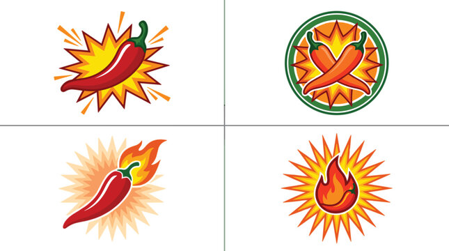 Hot chili pepper and fire flame logo vector set featuring spicy red cayenne jalapeno badge Mexican food icon and aromatic cooking label illustrations