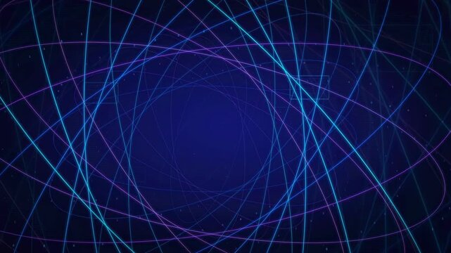 Abstract blue and purple glowing neon lines swirling in a dark digital space background