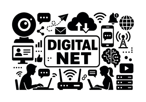 Digital Communication Technology Banner. Digital Communication Technology banner illustration, oversized webcam and cloud across edges, router and globe scattered, notification and brain filling