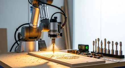 Advanced industrial robotic arm working on a wooden plank in a modern carpentry workshop with flying sawdust and precise tools around, carpentry, manufacturing, mechanical © Chanchai
