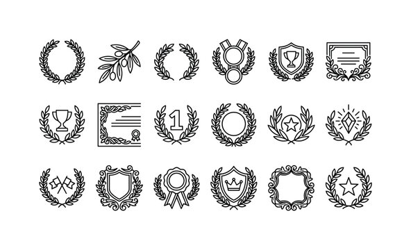 Laurel Award Wreaths, line icon set featuring circular laurel wreath, olive branch, victory chaplet, medal frame, trophy crest, certificate border, winner emblem, leafy award ring, covering