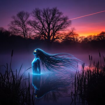 Eerie supernatural creature with flowing hair emerging from a misty lake at dusk, surrounded by dense reeds and ancient woodland trees, forest, herbs, bank