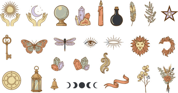 Mystical astrology and witchcraft vector icon set featuring magic crystal balls zodiac lion hands holding sun moon potions keys and tarot card symbols.