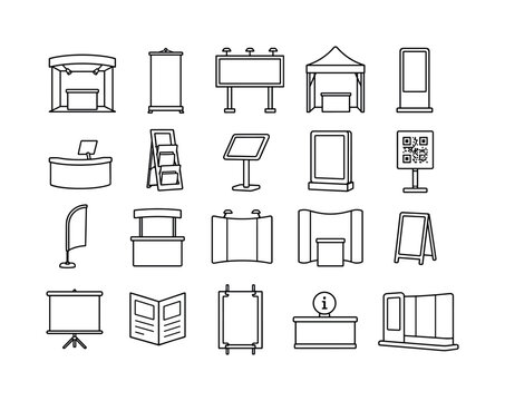 Event Display Booth line icon set, create 20 clean outline icons showing exhibition booth, roll-up banner, billboard, trade show tent, digital totem, reception desk, brochure holder, tablet stand,