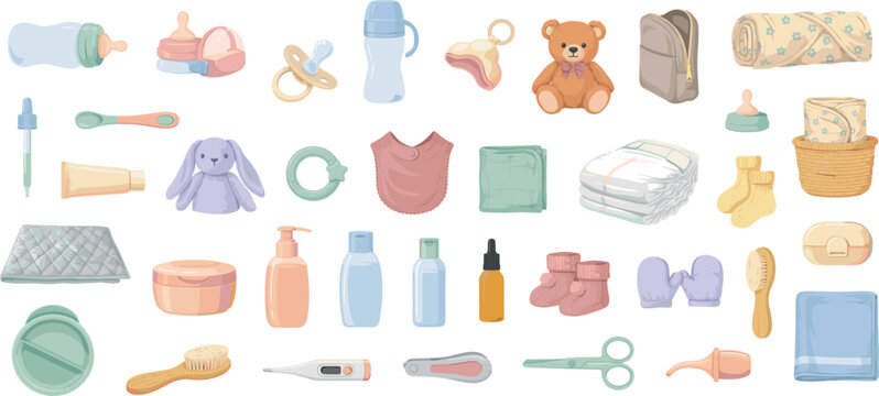 Newborn baby care accessories vector element set featuring feeding bottles diapers pacifier bib teddy bear hygiene products thermometer and newborn nursery essentials