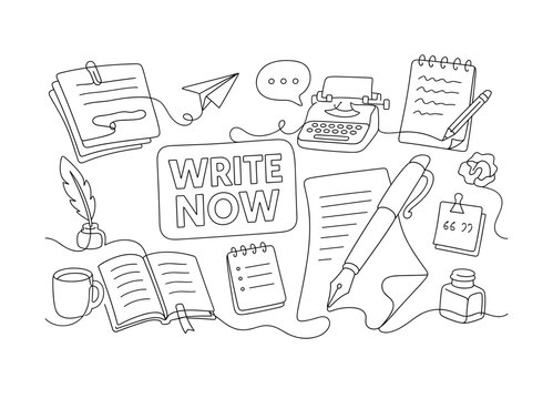 Writing Editorial Writing Line. Clean one-line drawing banner composition with pen, paper, notebook and editorial tools across full canvas edges, oversized pen and document stack, small typewriter and