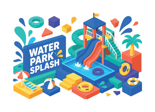 Water Park Splash , oversized waterslide tower with bold geometric depth, stepped pool platforms, floating inflatable blocks and diagonal splash shapes, electric blue and coral with warm yellow