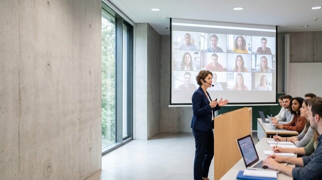 Female presenter leads hybrid class with in person students and remote participants on screen