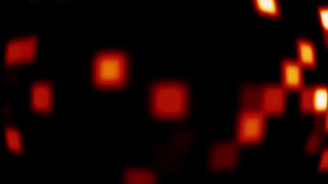 Abstract digital background with scattered glowing orange and red pixelated squares creating a dynamic, blurred heat map effect.