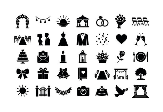 Outdoor Summer Wedding. Solid glyph icon set of outdoor summer wedding ceremony: floral arch, string lights, sunset, garden venue, wedding rings, bouquet, ceremony chairs, aisle, couple silhouette,