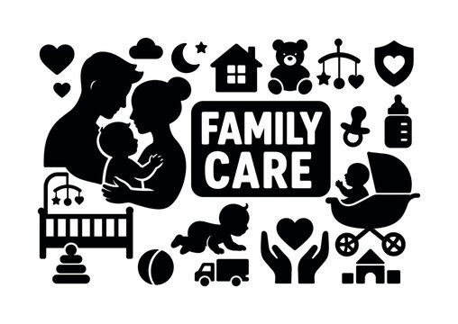 Parenting Family Care Banner. Clean solid composition of family, baby, stroller, toys and care elements spread across canvas with oversized parent-child silhouette and crib, small care icons near