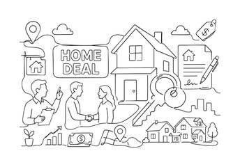 Fototapeta premium Home Real Estate Property Icons. Clean one-line drawing composition with house, key, contract, neighborhood across canvas, 2?3 characters, oversized building and key, small real estate elements near