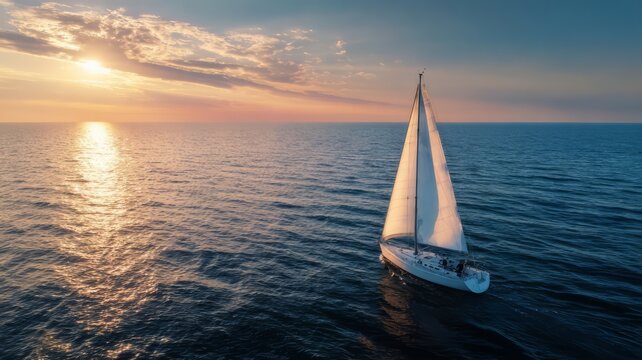 sailboat gliding on a calm sea toward the distant horizon, sailboat on the sea, sailing boat at sunset, sailboat at sunset