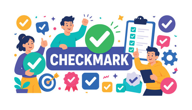 Checkmark Icons Banner Checkmark Icons vector banner illustration approval success verification checklist confirmation concept 2?3 characters celebrating completed tasks edge-to-edge composition pure